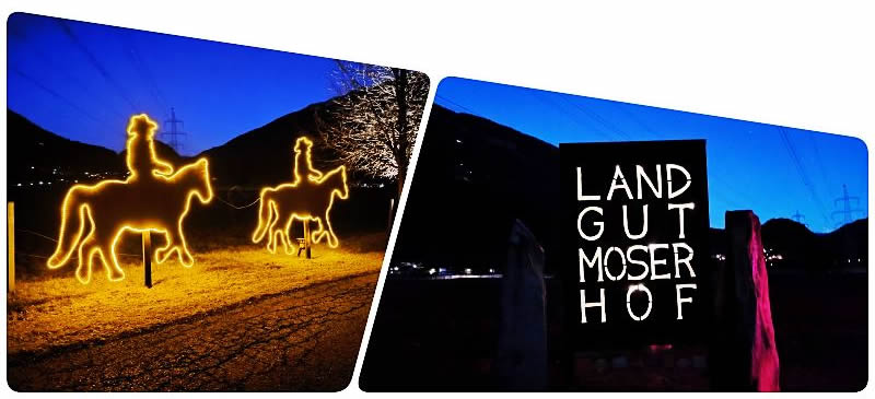 Dve fotografie v noci: obrysy koni s jazdcami a logo Landgut Moserhof