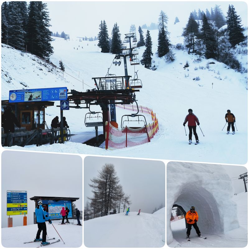 lanovka, lyžiari, zima Tirolsko