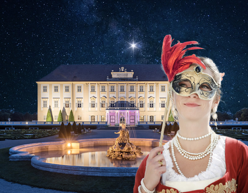 nocny zamok Schlosshof, dama s barokovom obleceni a skraboskou